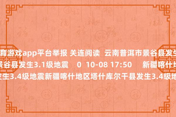 体育游戏app平台举报 关连阅读  云南普洱市景谷县发生3.1级地震云南普洱市景谷县发生3.1级地震    0  10-08 17:50     新疆喀什地区塔什库尔干县发生3.4级地震新疆喀什地区塔什库尔干县发生3.4级地震    18  10-06 18:50     云南普洱市景谷县发生3.0级地震云南普洱市景谷县发生3.0级地震    0  10-06 13:35     新疆喀什地区叶城